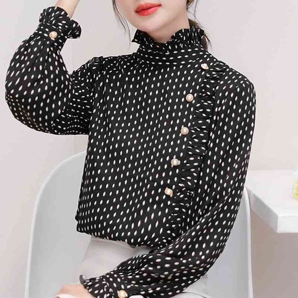 

women blouses shirts blusas mujer de moda long sleeve blouse women stand collar dot black chiffon blouse shirt d376 210602, White