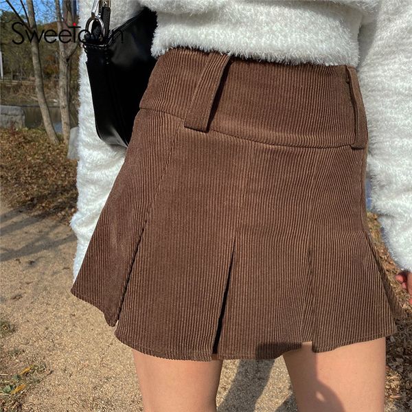 

sweetown brown vintage corduroy pleated skirts womens 90s y2k aesthetic school girl mini skirt high waist cute kawaii clothes, Black;white
