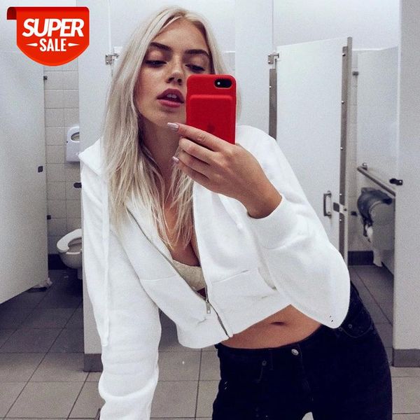 

zip-up autumn winter women hoodies pockets slim crop jacket female clothes drawstring white hoody cotton coats #2z5y, Black