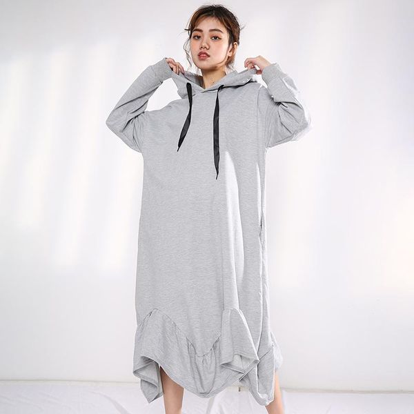 

casual dresses [ewq] 2021 spring and autumn products simple pullover robe plus size grey ruffles hooded sweatshirt dress qb45301, Black;gray