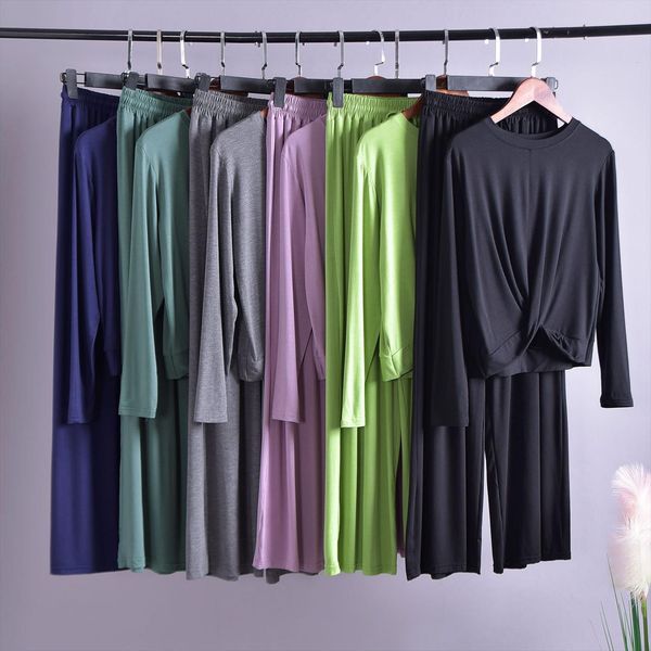 

suits modal round neck womens tracksuits long sleeved two piece set wide leg pants casual yogaclothing 2 pieces, Gray