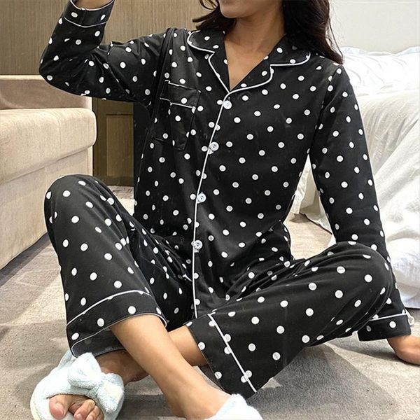 

finetoo 2pcs set milk women sleepwear silk long sleeve pajamas dot pyjama clothes female suits girls casual night, Black;red