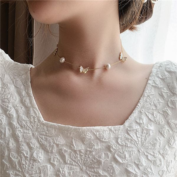 

real gold electroplated diamond inlaid pearl butterfly necklace, Silver