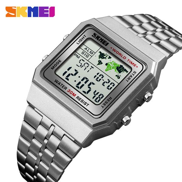 

led digital mens watch sports watches men relogio masculino relojes stainless steel military waterproof wrist watches skmeig, Slivery;brown