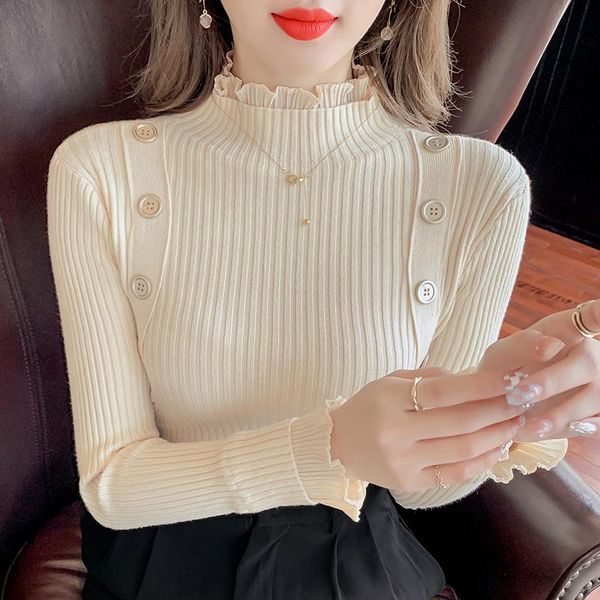 

women's sweaters 2021 winter solid color half high neck knit sweater slim bottoming mid-neck lace shirt women, White;black