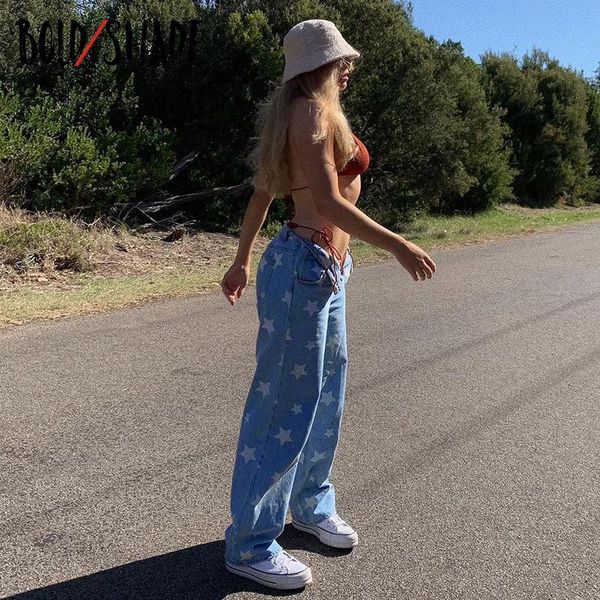 

bold shade star print high waist denim jeans grunge streetwear 90s indie straight pants for teen girls skater style 2021 women's, Blue
