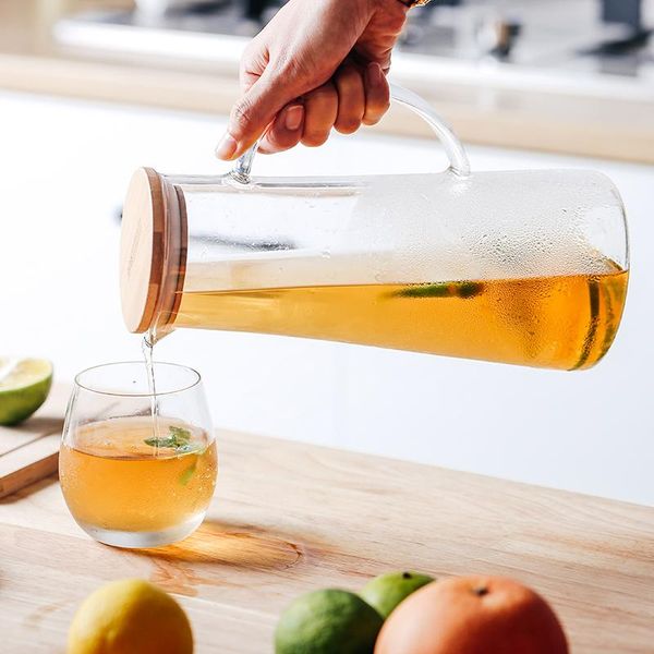 

water bottles handmade borosilicate glass carafe great for cold ice and juice beverage stainless steel or bamboo lid