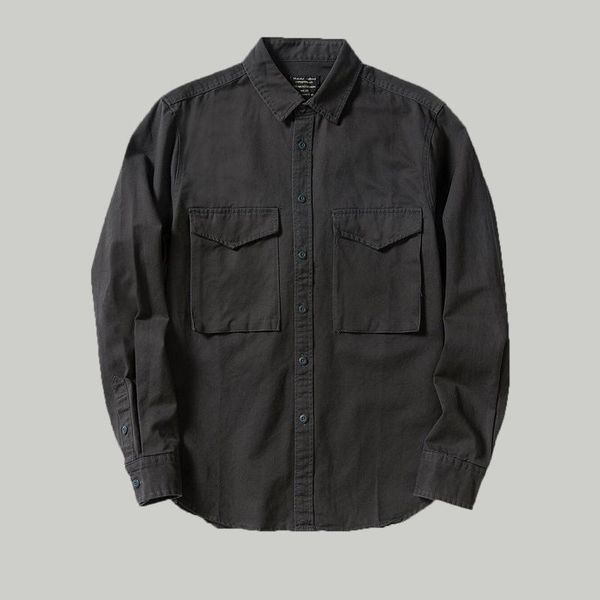 

men's casual shirts japan style solid color long sleeve chest pockets cargo for men spring trendy cotton loose quality, White;black