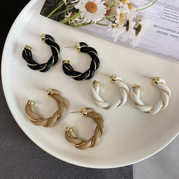 

s925 silver needle woven leather ear stud metal stitching c-shaped twist earrings fashion temperament for women jewelry gifts, Golden;silver