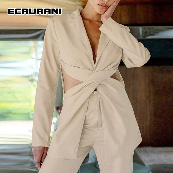 

women's suits & blazers ecrurani white cut out blazer for females notched long sleeve korean fashion straight coats autumn 2021 clothes, White;black