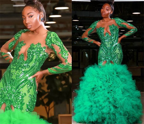 

2021 plus size arabic aso ebi green luxurious mermaid prom dresses lace long sleeves evening formal party second reception gowns dress zj205, Black