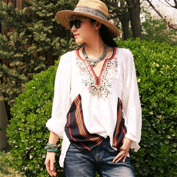 

long sleeve cotton white blouse shirts women vintage ethnic hand embroidered shell button beads autumn blusa boho women's blouses