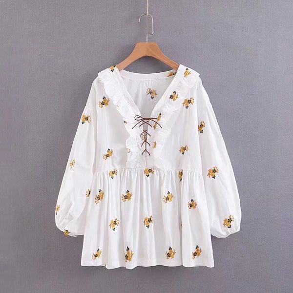 

flower embroidery v neck tie rope blouse women female lantern sleeve shirt loose smock 2021 summer blusas mujer s5765 women's blouses, White