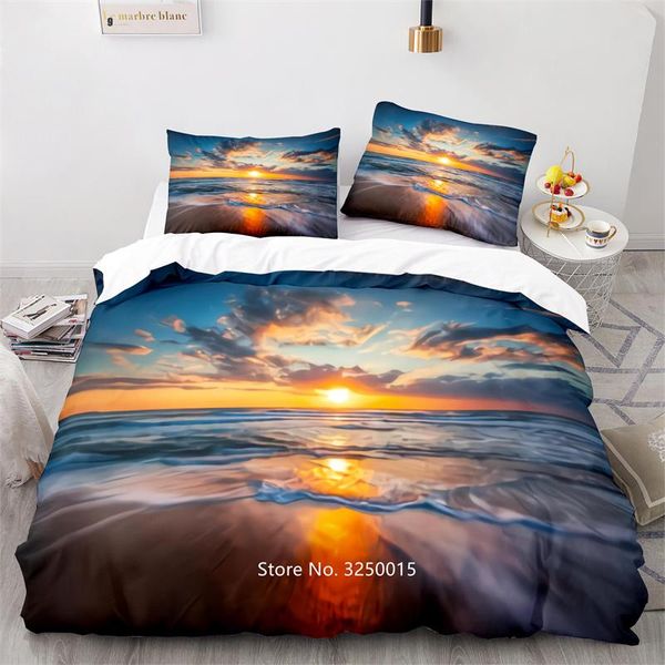 

bedding sets 3d digital print blue ocean bed cover pillowcase family set 2-3 pieces wave sunset beach scenery pattern