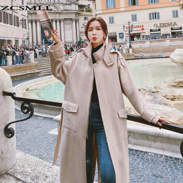 

women's wool & blends zcsmll 2021 autumn spring loose women windbreakers turn-down collar long sleeve korean fashion solid color female, Black