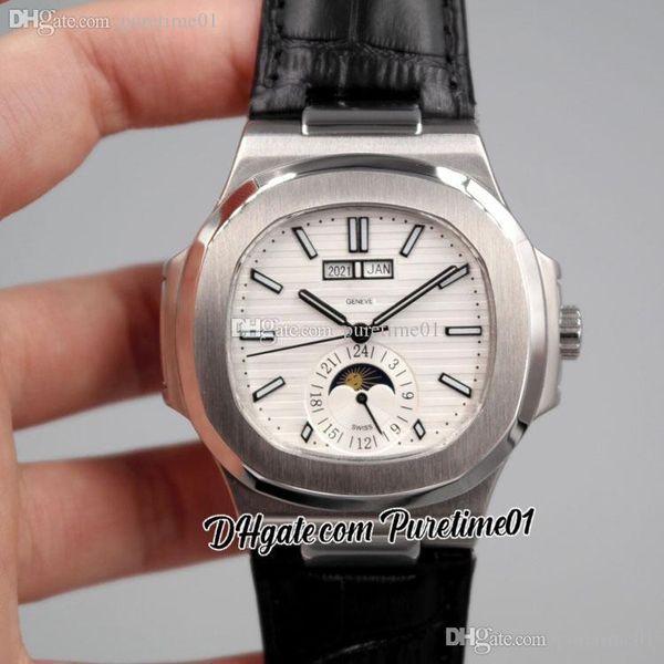 

2022 5726 annual calendar moon phase automatic mens watch steel case white textured dial stick markers black leather strap 8 styles watches, Slivery;brown