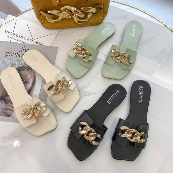 

slippers female outdoor beach comfortable sandals women's 2021 summer metal chain luxury square head flat heel flip flop, Black