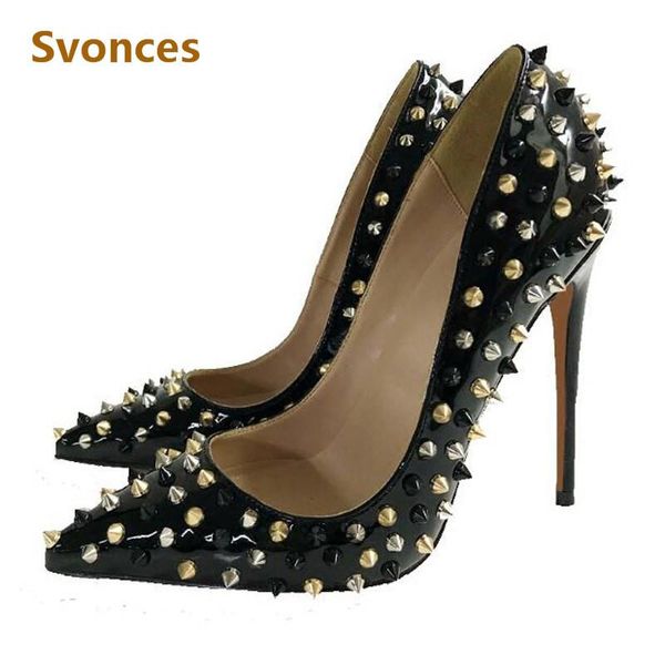 

zapatos mujer 12cm high heels woman pumps gold silver rivets pointed toe designer sandals spikes fashion shoes women dress, Black