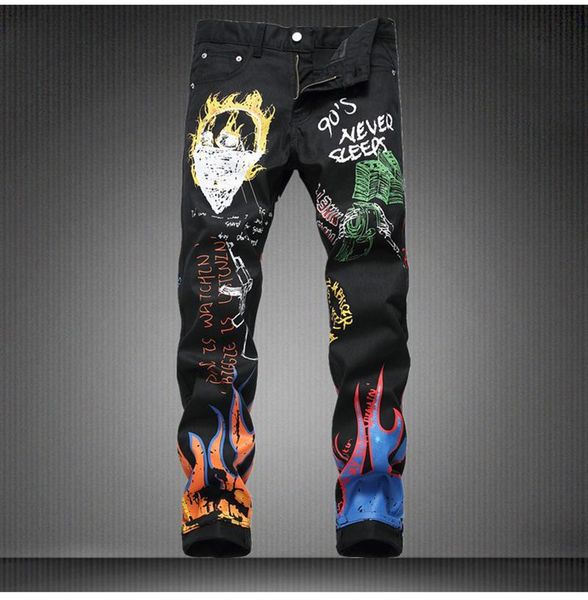 

mens casual jeans fashion trend letters flame black printed denim pant slim straight colored painted stretch thick flannel jean ttrousers, Blue