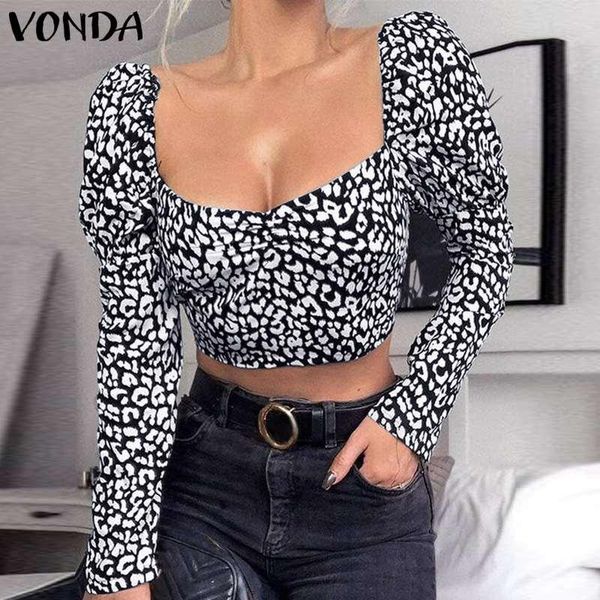 

fashion leopard print blouse women long sleeve vonda 2021 square collar crop lady clubwear party shirts plus size women's blouses, White