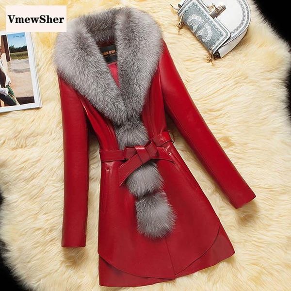 

vmewsher red 4xl leather jacket winter coat women large faux fur collar slim long jackets office lady elegant pu coats women's &, Black