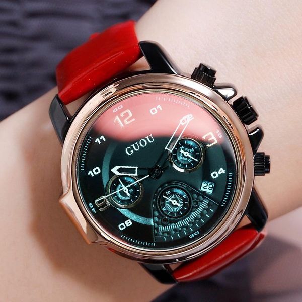 

wristwatches fashion six-pin calendar multi-function watch leather strap waterproof quartz unique color changing glass women watches, Slivery;brown