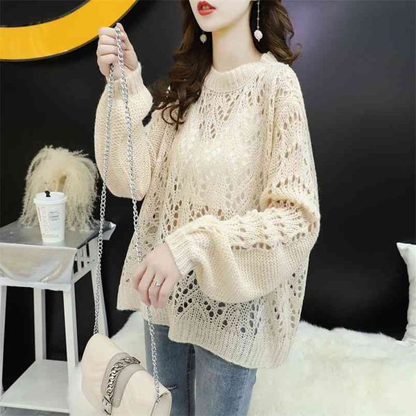 

hollow thin knit sweater women loose lazy long sleeve round neck solid color casual pullover jumpers female spring summer 210427, White;black