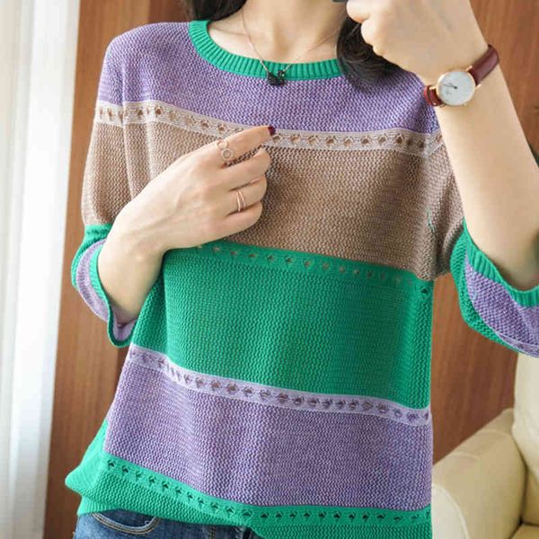 

women's sweaters knitted shirt three-quarters striped summer contrast color, hollow female sweater, korean women's clothes, pull 3, White;black