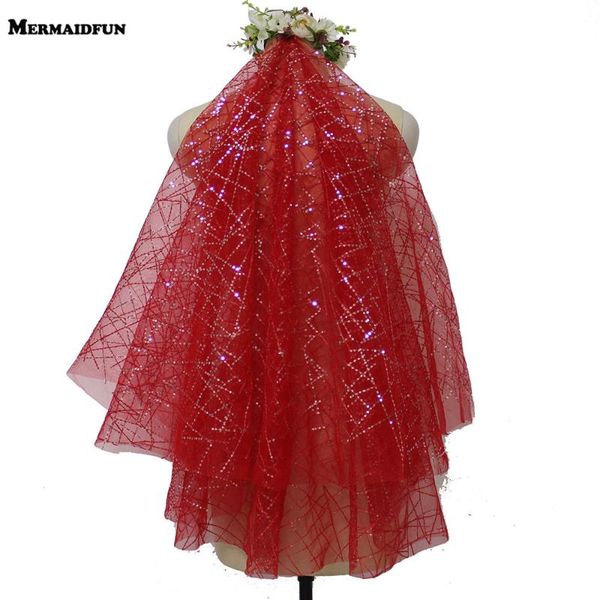 

bridal veils 2021 2 layers bling sequins red short wedding veil with blusher comb voile mariage, Black