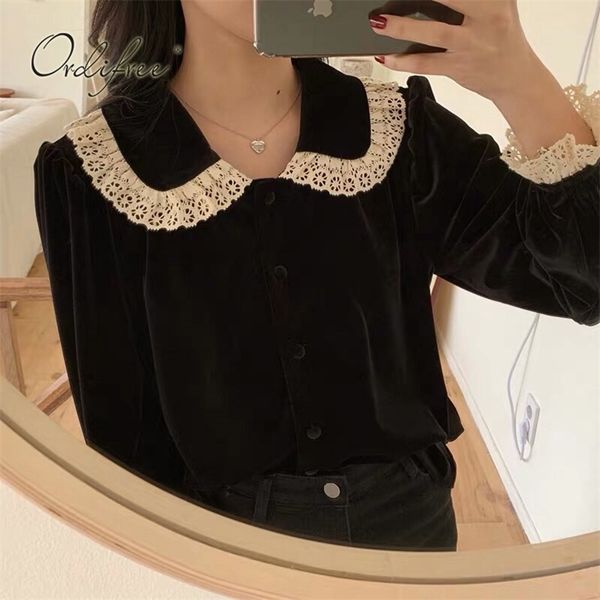 

summer women velvet blouse shirt long sleeve fashion vintage lace crochet 210513, White