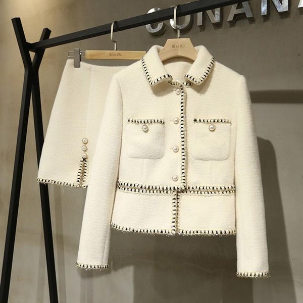 

women's tracksuits 2021 winter fashion women wool suit sets pearls button down thick jacket coat + split a-line skirt two-piece set, Gray