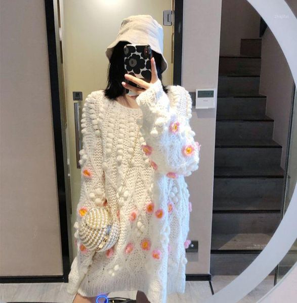 

autumn and winter thick stick needle three-dimensional hair ball flower chain link sweet mid-length sweater women women's sweaters, White;black
