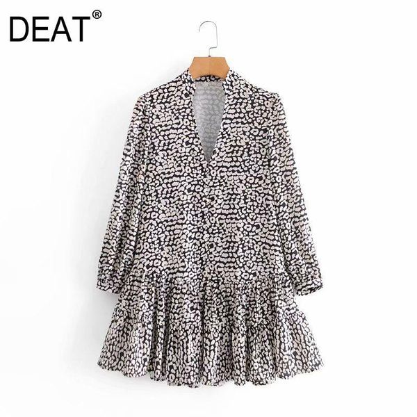

casual dresses [deat] 2021 spring fashion tide women v-neck long sleeve printing a-line loose fit temperament mini dress 13a782, Black;gray