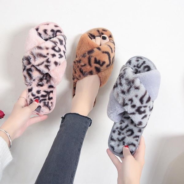 

winter home slippers women's cotton shoes cross soft plush indoor leopard print warm fur, Black
