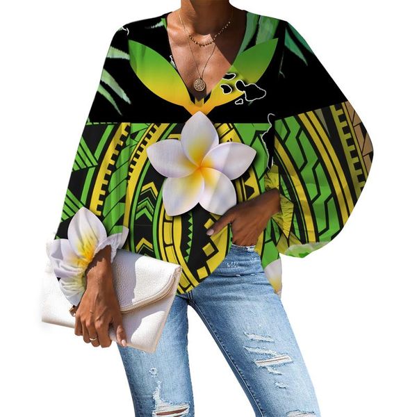 Damenblusen Hemden Nopersonality Plumeria-Druck Frauen Polynesian Tribal Bluse Markendesign Teen Girls Vintage Chiffon-Hemd Sexy Teil