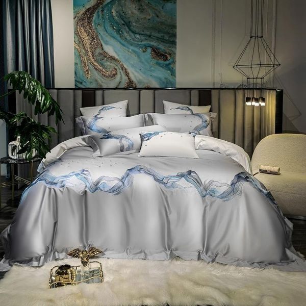 

bedding sets chic delicate emboidery abstract art white gray duvet cover 4pcs 1000tc 100%cotton premium fitted/flat sheet pillowcases