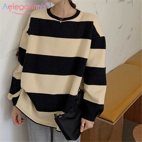 

aelegantmis vintage korean fleece oversized striped pullover sweatshirt women warm soft female retro strip crewneck 210607, Black