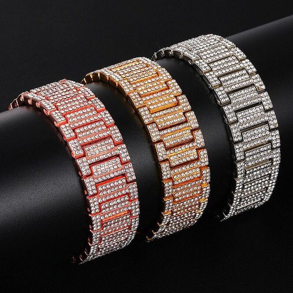 

wholesale jewelry -- (21cm*21mm) hip hop gold color 21 mm full crystals big watch bracelets for men fashion 2021 link, chain, Black