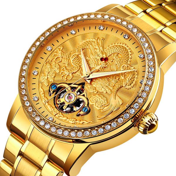 

automatic mechanical men's watch luxury dragon diamond hollow large ironing board montre homme waterproof clock relogio masculino 2021, Slivery;brown