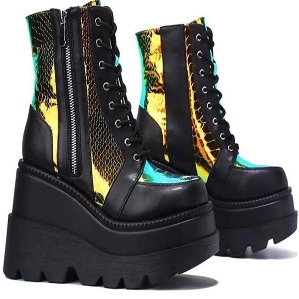 

boots 2021 winter sequin thick bottom slope heel women's large, Black