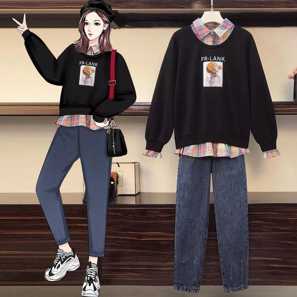 

women's jeans 2021 autumn large size clothing western style youthful-looking false two-piece sweaters slimming suit, Blue