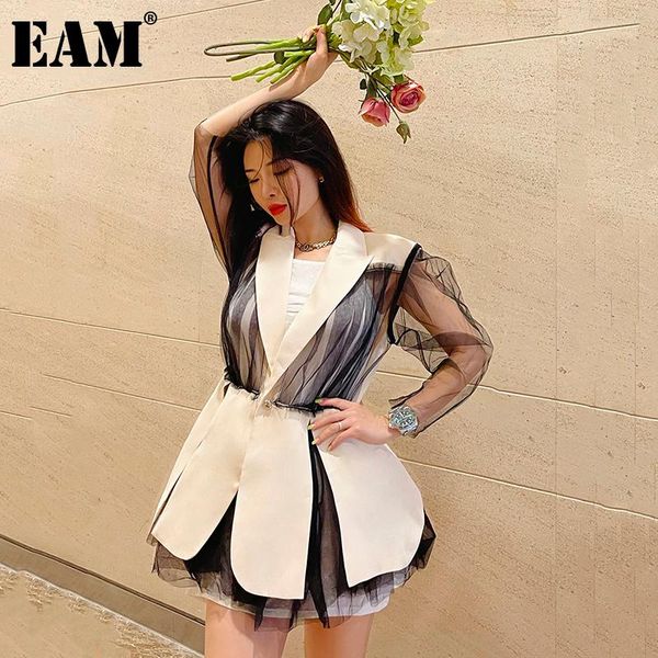 

women's suits & blazers [eam] women khaki mesh spliced big size blazer lapel long sleeve loose fit jacket fashion tide spring autumn 20, White;black