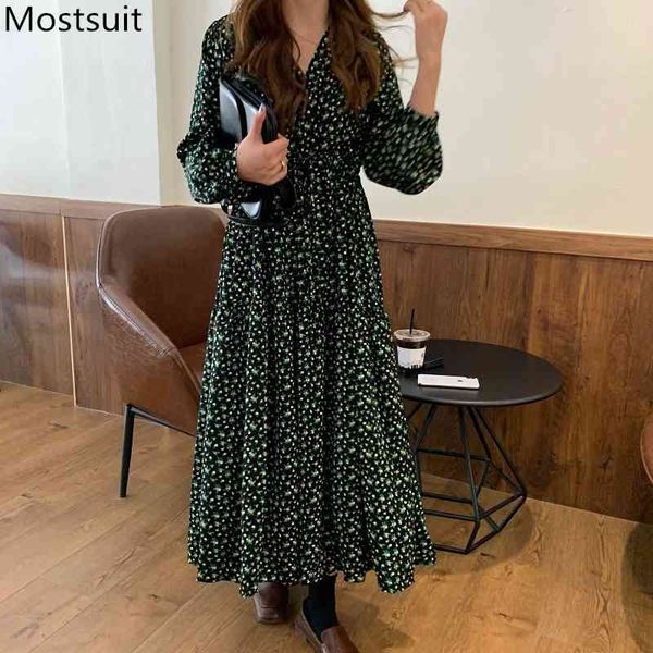 

autumn korean vintage floral printed long dress women full sleeve v-neck drawstring elegant ladies fashion dresses vestidos 210518, Black;gray