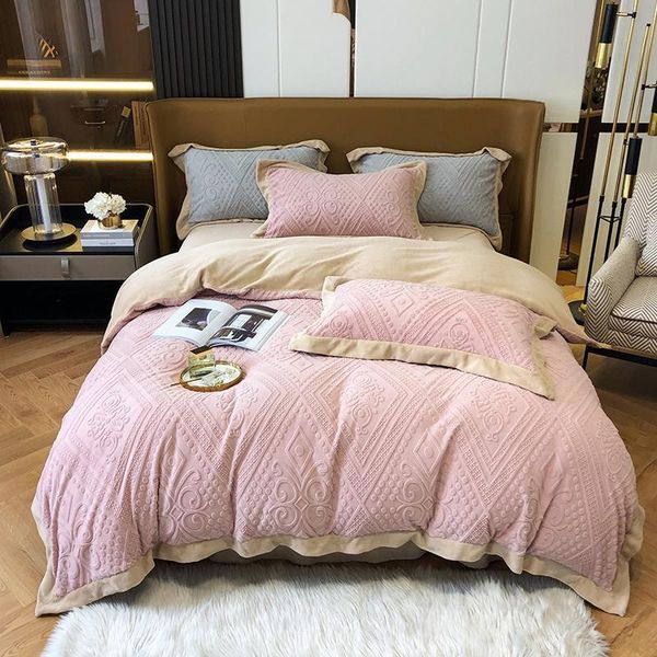 

bedding sets class a 3d carved milk cotton embroidery thick duvet cover flat fitted sheet pillowcase winter warm bed linen flannel  kin