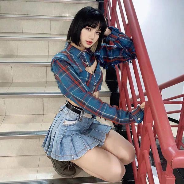 

women sets fashion plaid shirt stitching 2pcs set girl high street slim-fit lapel bare midriff blouse crop camis women's tracksuits, Gray