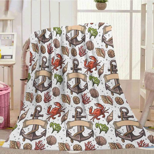 

farmhouse throw blanket 50" x 60", anchor shaggy blanket sea shell coral crab and anchor with ribbon and rope vintage aquatic