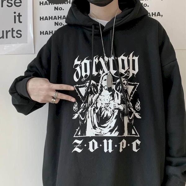 

men's hoodies & sweatshirts male gothic hoodie sweatshirt, korean punk clothes, retro, dark character, baggy, velvet, hooded, winter an, Black