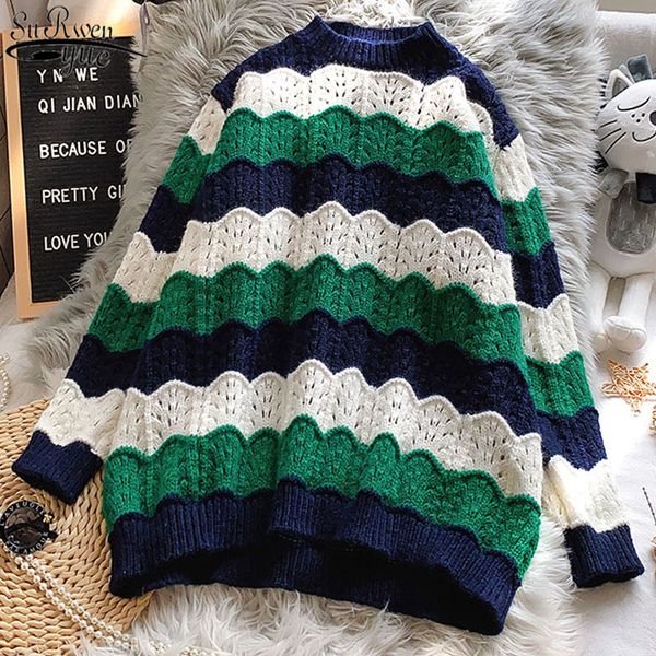 

round neck splicing sweater coat autumn women's long sleeve loose korean style sweet knitted pullover women 11863 210427, White;black