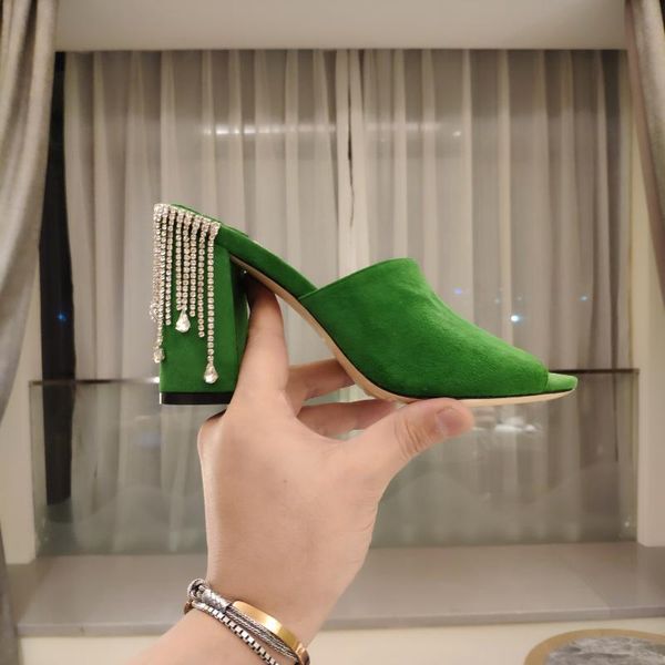 

leather 8cm high horseshoe heel thick women's slippers, Black