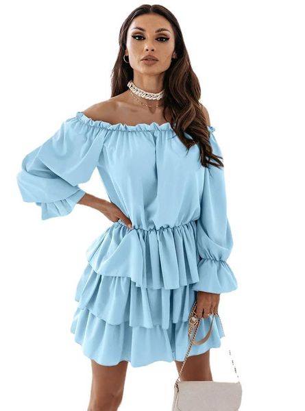 

casual dresses fashion blue slash neck mini dress women 2021 autumn off-shoulder ruffle stitching woman elegant party, Black;gray